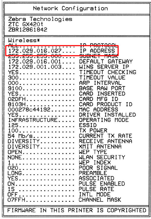 этикетка с конфигурацией сети